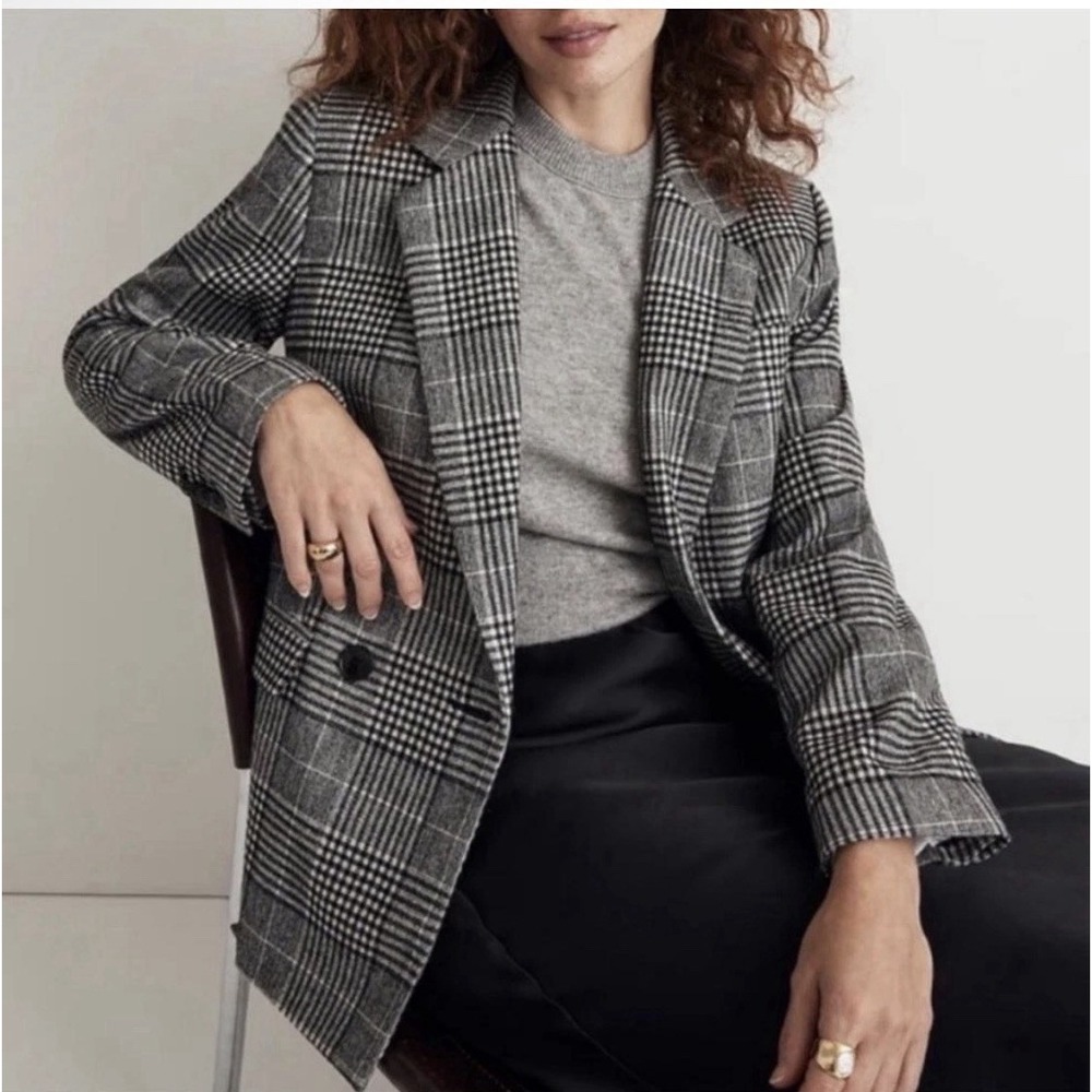 Madewell Women's The Rosedale Blazer Size 10 Black White Double-Breasted Wool
